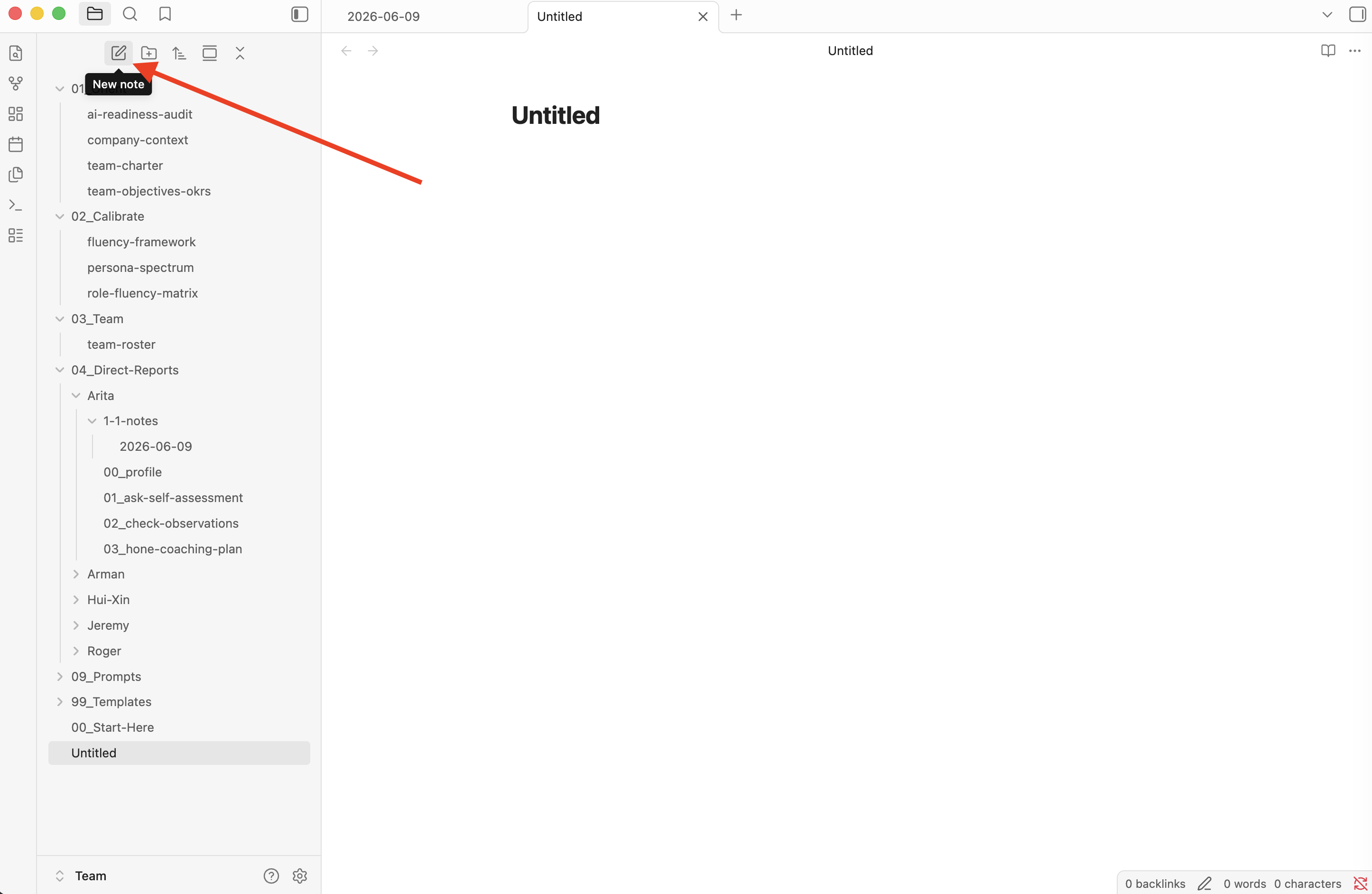 Creating a note in Obsidian